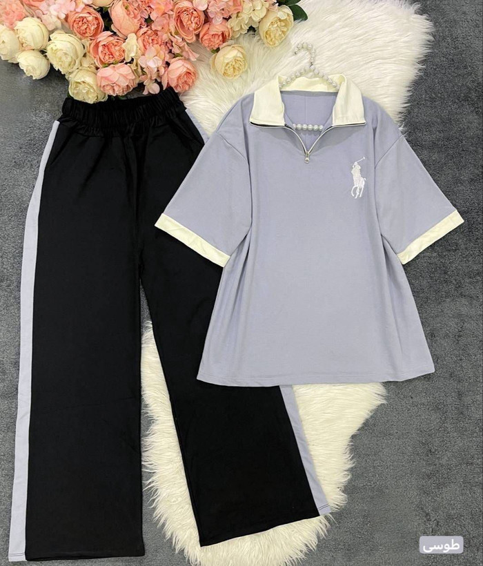 ست تیشرت شلوار ترند😍 جنس : گلکسی نخ پنبه رنگ بندی : , طوسی, کرم, سرخابی, سبزآبی سایز ها : فری تا ۴۸ 🍭 ست دو تیکه (تیشرت + شلوار) polo🌸✨ 🎀• تیشرت یقه زیپ 🎀• شلوار بگ جیب دار ویژگیها: 🎀• گلکسی نخ پنبه اعلاء 🎀• تنخور شیک و کیوت 🎀• مناسب استایل ۴ فصل 🎀• فریسایز تا ۴۸ 🎀